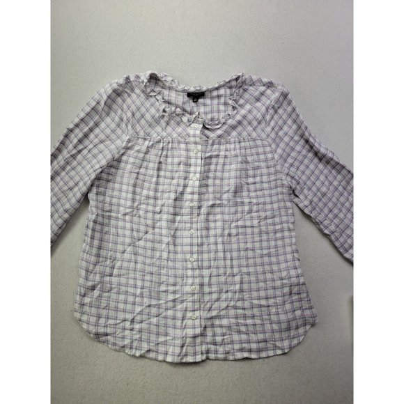 NEW - Talbots Women Petite Lp White Pink Plaid Button Up Ruffle Neck Western - Picture 2 of 7